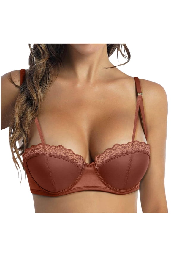 Women's Balconette Bra with Push Up Effect Plus Size Sexy Lace Demi Half Cup Bra Underwired Low Cut Mesh Bras Grand