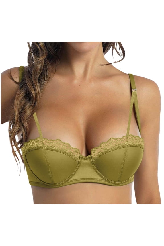 Women's Balconette Bra with Push Up Effect Plus Size Sexy Lace Demi Half Cup Bra Underwired Low Cut Mesh Bras Grand