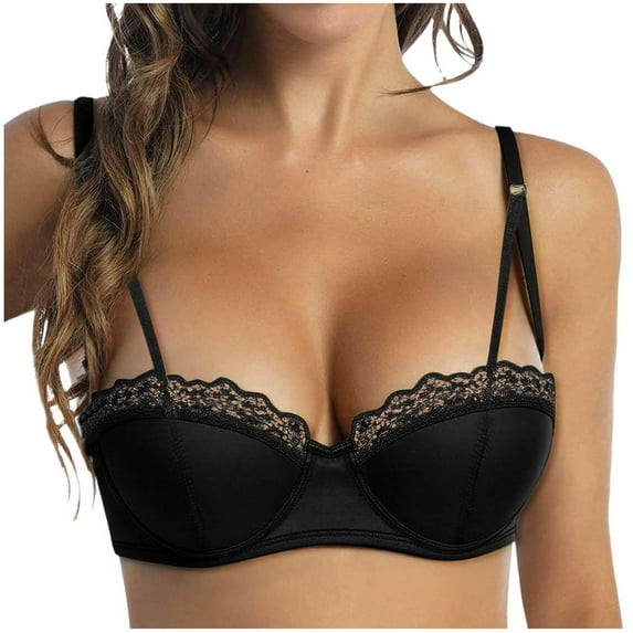 Women's Balconette Bra with Push Up Effect Plus Size Sexy Lace Demi Half Cup Bra Underwired Low Cut Mesh Bras Grand