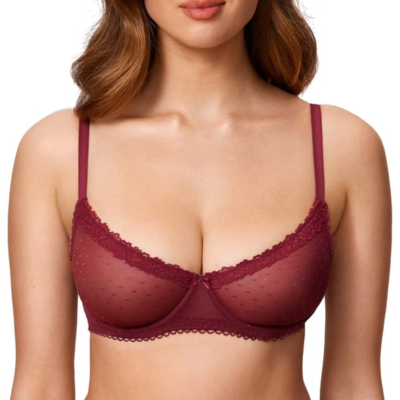 Women's Balconette Lace Bra See Through Demi Sheer Mesh Plus Size Underwire