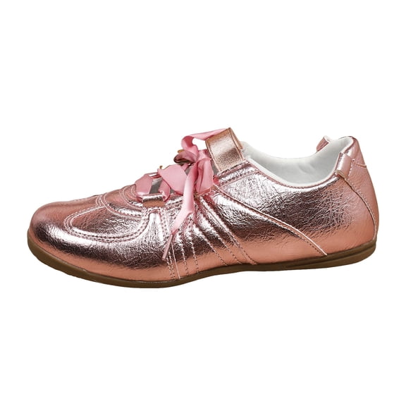 Women's Ballet Fashion Shiny Lace Up Sneakers Casual Comfortable Retro Flats Lightweight Breathable Skate Shoes Pink Size 6