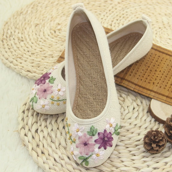 Women's Basic Round Flat Shoes Toe Print Slip-On Shoes Flexible Ballet Shoes