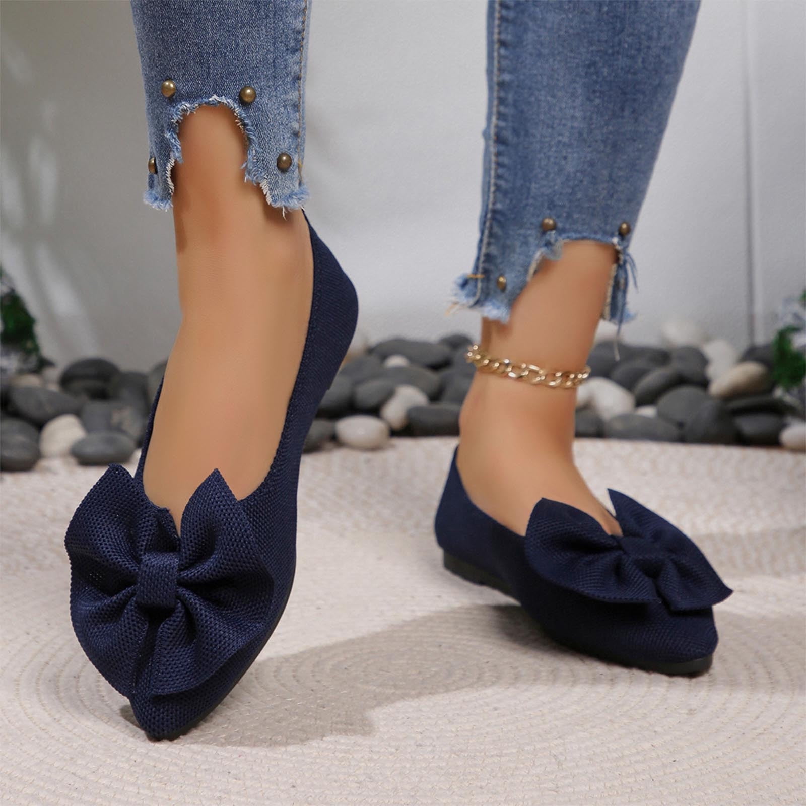 navy blue dress flat shoes Women's Ballet Flat Flats Shoes Comfortable Mesh Pointed Toe Slip On Dress  Shoes Navy 9.5