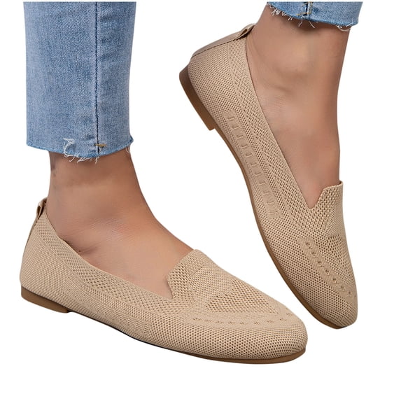 Women’s Ballet Flat Shoes Dress Shoes Knit Round Toe Slip On Ballerina Walking Flats Shoes for Woman Low Wedge Casual Beige 6