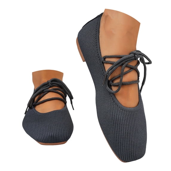 Women's Ballet Flat Shoes Square Toe Lace Up Slip on Knitting Loafers Solid Color Lightweight Non Slip Mary Jane Flats Gray Size 6