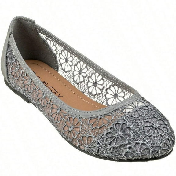 Women's Ballet Flats Cut Out Round Toe Slip On Floral Ballet Lace Flats Breathable Crochet Lace Ballet Flats