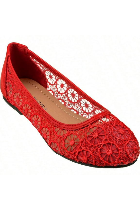 Women's Ballet Flats Cut Out Round Toe Slip On Floral Ballet Lace Flats Breathable Crochet Lace Ballet Flats