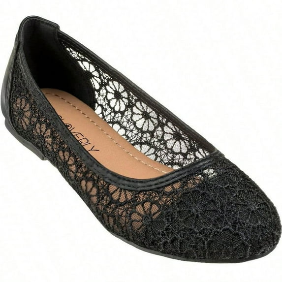 Women's Ballet Flats Cut Out Round Toe Slip On Floral Ballet Lace Flats Breathable Crochet Lace Ballet Flats