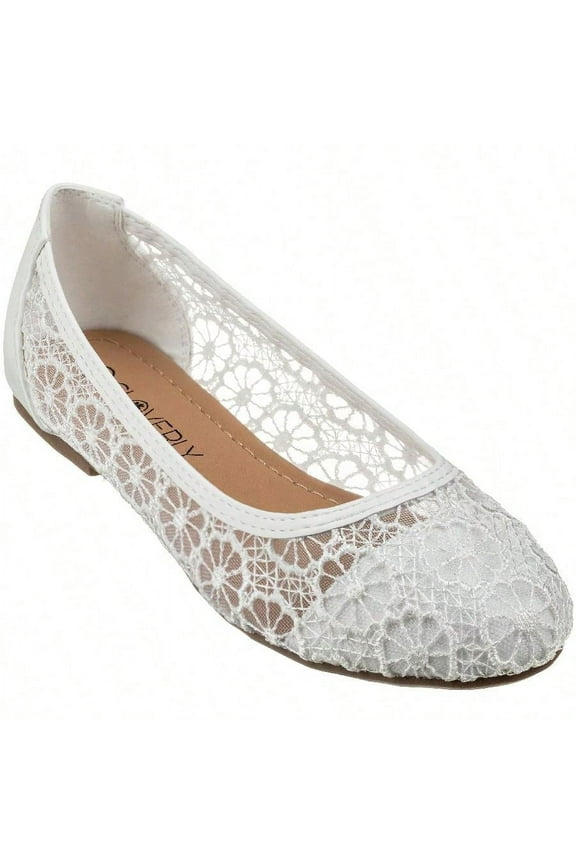 Women's Ballet Flats Cut Out Round Toe Slip On Floral Ballet Lace Flats Breathable Crochet Lace Ballet Flats