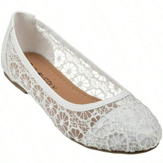 Women's Ballet Flats Cut Out Round Toe Slip On Floral Ballet Lace Flats Breathable Crochet Lace Ballet Flats