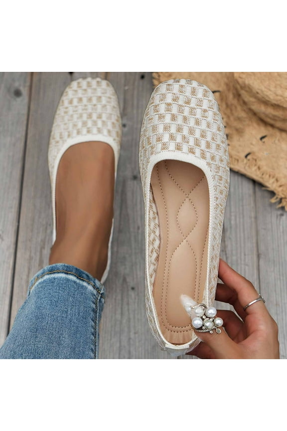Women's Ballet Flats PU Leather Dress Shoes Comfortable Round Toe Slip on Flats with Breathable Eyelets Beige 5.5