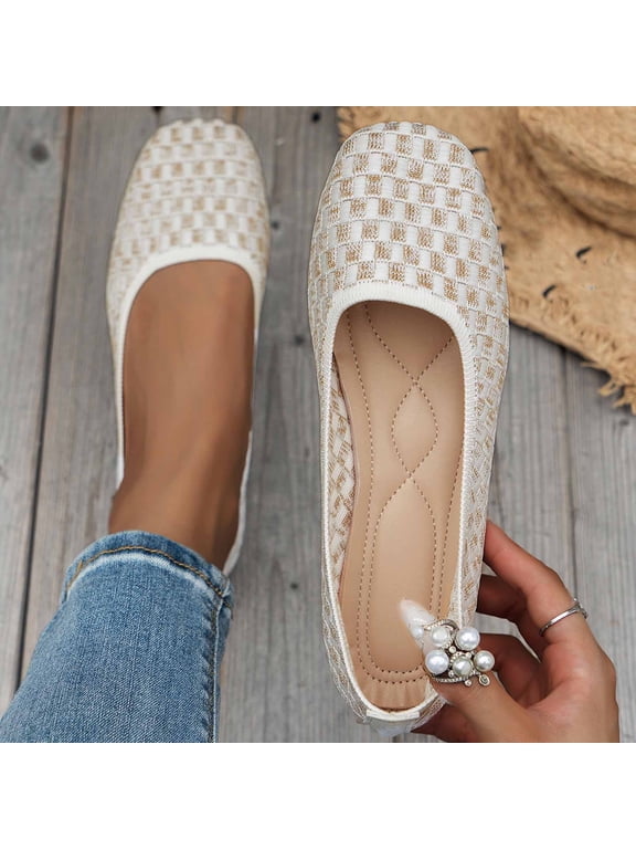 Women's Ballet Flats PU Leather Dress Shoes Comfortable Round Toe Slip on Flats with Breathable Eyelets Beige 9.5