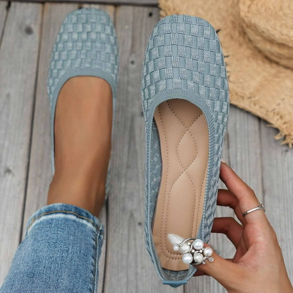 Women's Ballet Flats PU Leather Dress Shoes Comfortable Round Toe Slip on Flats with Breathable Eyelets Blue 7