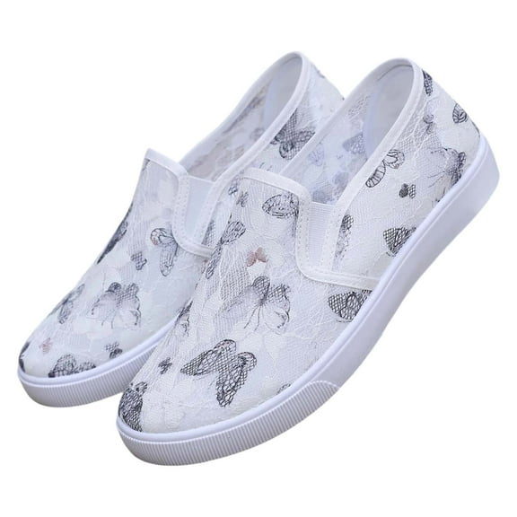 Women's Ballet Flats with Padded Collar for Ankle Comfort Ladies Casual Floral Pattern Hollow Out Breathable Mesh Large Size Lightweight Non Casual Shoes Walking Shoes