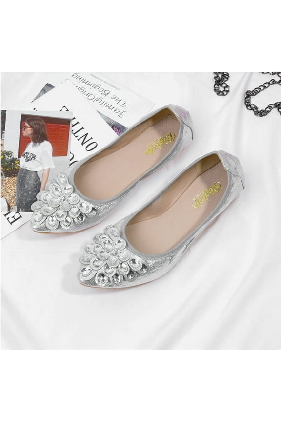 Women's Ballet Flats - Rhinestone Wedding Ballerina Shoes | Foldable, Sparkly & Comfortable Slip-On Flats