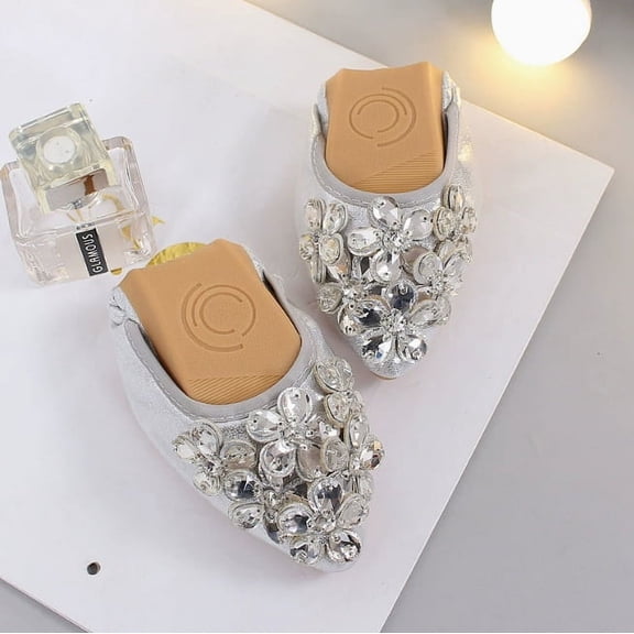 Women's Ballet Flats - Rhinestone Wedding Ballerina Shoes | Foldable, Sparkly & Comfortable Slip-On Flats