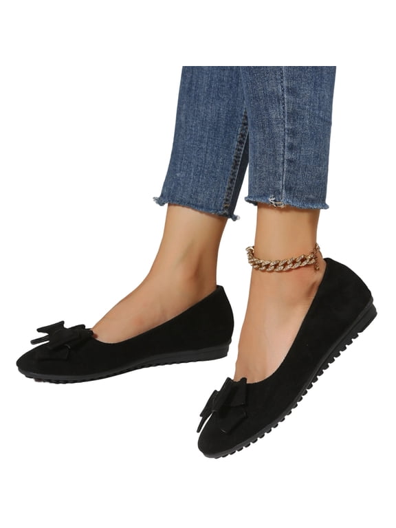 Women's Ballet Flats Round Toe, Women's Slip On Dress Shoes: Faux Suede Bow Upper-Flat Sole Solid Color Casual Flats | Daily Wear/Office/Travel/Indoor Outdoor Lightweight Shoes Footwear for Women