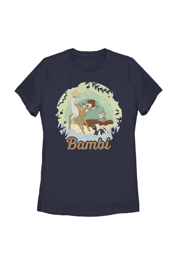 Women's Bambi Cartoon Thumper & Flower with Butterfly  Graphic Tee Navy Blue Large