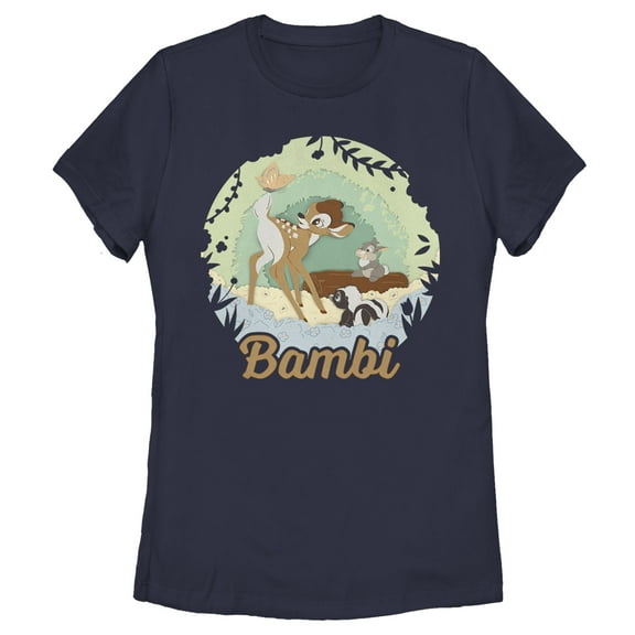 Women's Bambi Cartoon Thumper & Flower with Butterfly  Graphic Tee Navy Blue Medium