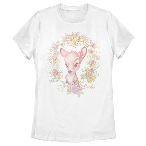 Women's Bambi Floral Frame  Graphic Tee White 2X Large