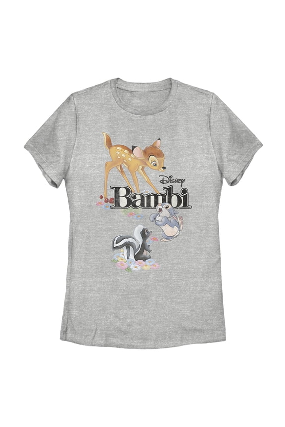 Women's Bambi Movie Logo With Flower and Thumper Graphic Tee Athletic Heather 2X Large