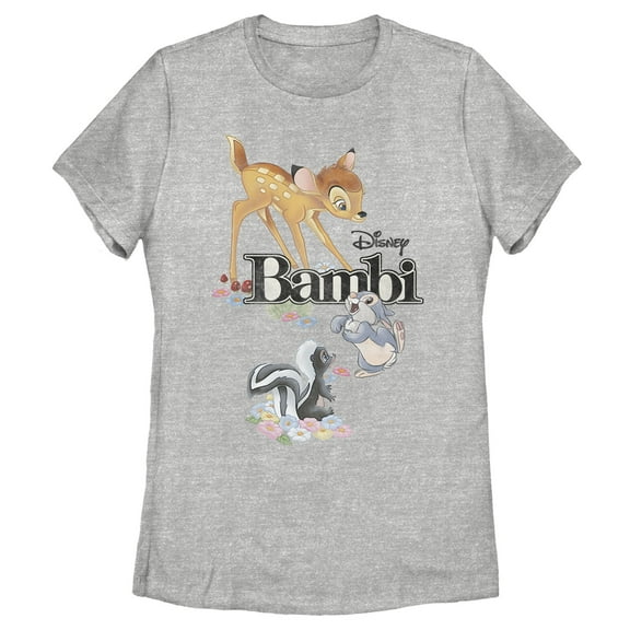 Women's Bambi Movie Logo With Flower and Thumper Graphic Tee Athletic Heather Medium