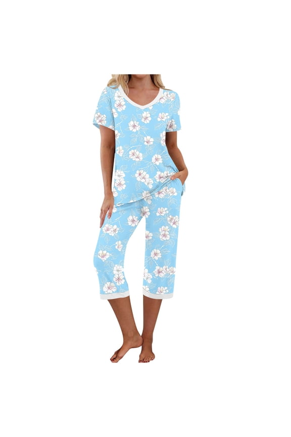 Women's Bamboo Pajama Set Buttery Soft 2-Piece V-Neck Short Sleeve Top & Cropped Pants with Pocket Home Sleepwear Suit