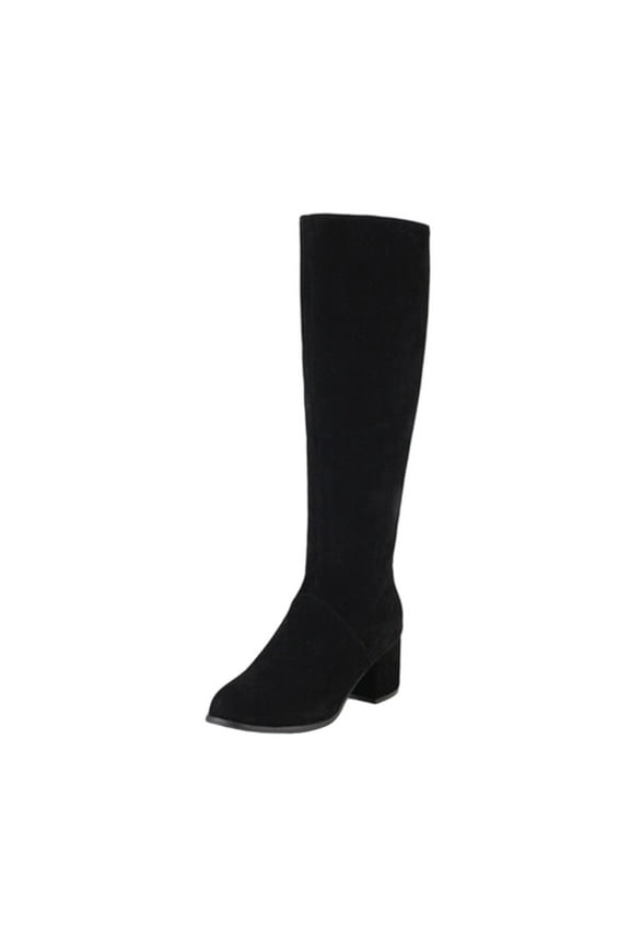 Women's Banana Knee High Boots Suede Round Toe Fall Winter Tall Boot Chunky Block Heel Comfortable Low Heel Pull On Wide Calf Riding Long Boots for Women