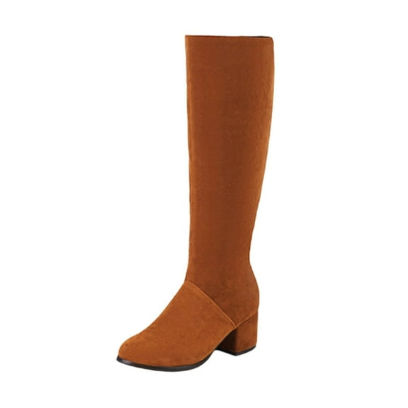 Women's Banana Knee High Boots Suede Round Toe Fall Winter Tall Boot Chunky Block Heel Comfortable Low Heel Pull On Wide Calf Riding Long Boots for Women