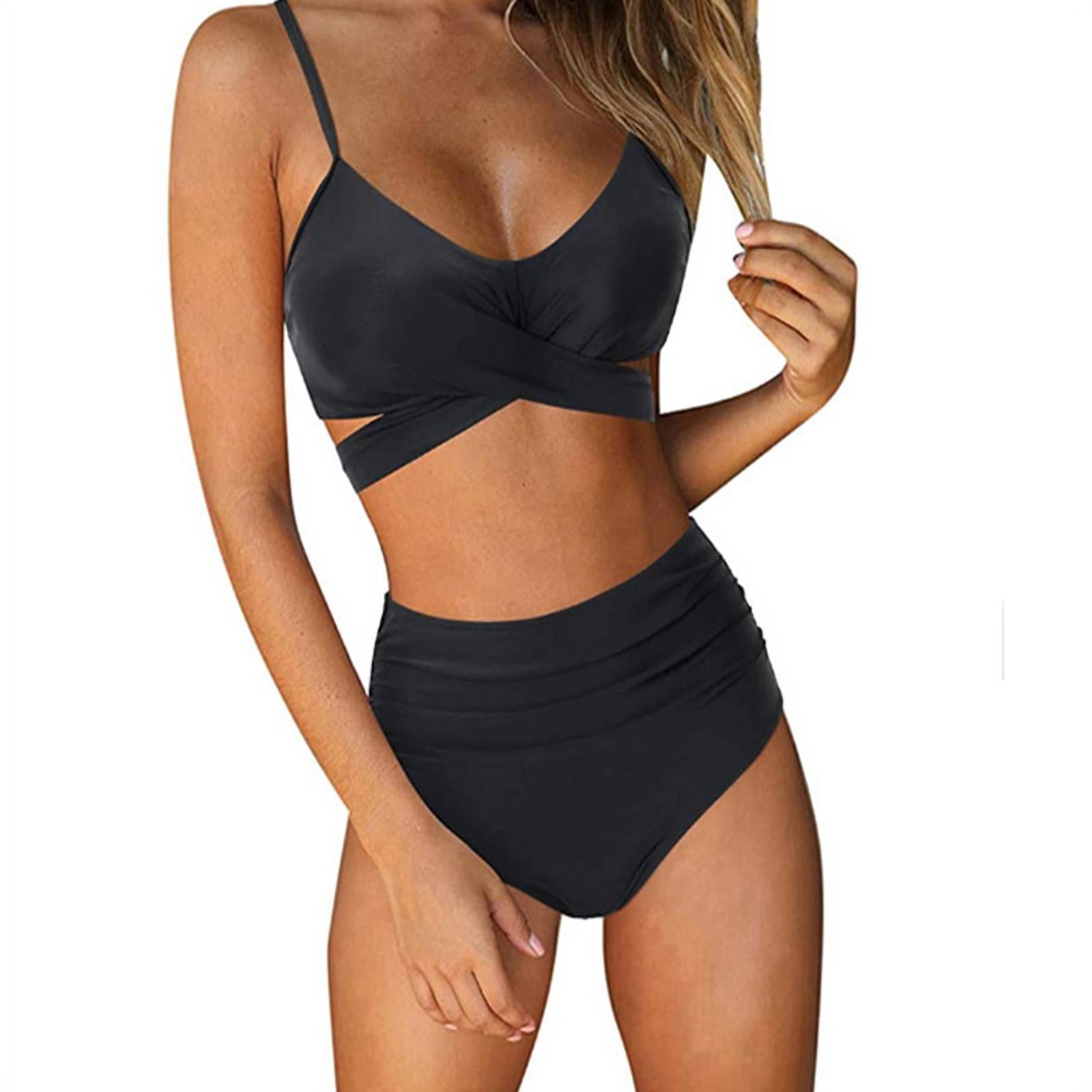 Women s Bandage Criss Cross Bikini Set Two Piece Push Up Swimsuit High Waisted String Floral Printed Swimwear Bathing Suit Black Walmart
