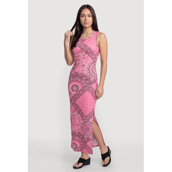 Women's Bandana Print Side Slit Keyhole Back Maxi Dress
