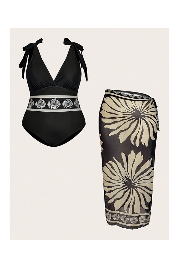 Women's Bandeau Bikini Set 2 Piece Swimsuit with Tie Side & Long Skirt Cover Up; Floral Print Bathing Suit; Summer Beach Swimwear; Adjustable Halter Top; S-XXL