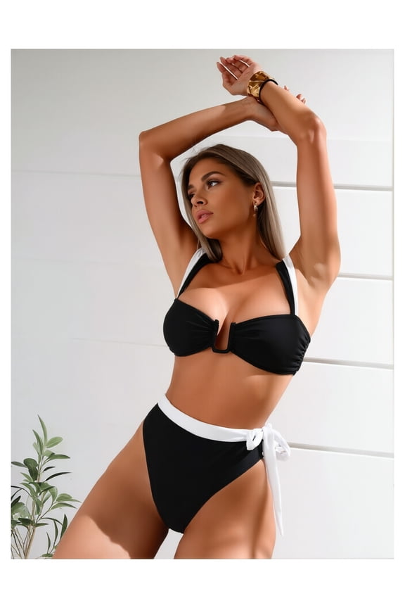 Women's Bandeau Bikini Set - Black & White Contrast Swimsuit - Tie Side Bottom - 2 Piece Bathing Suit - Removable Straps - Summer Beachwear