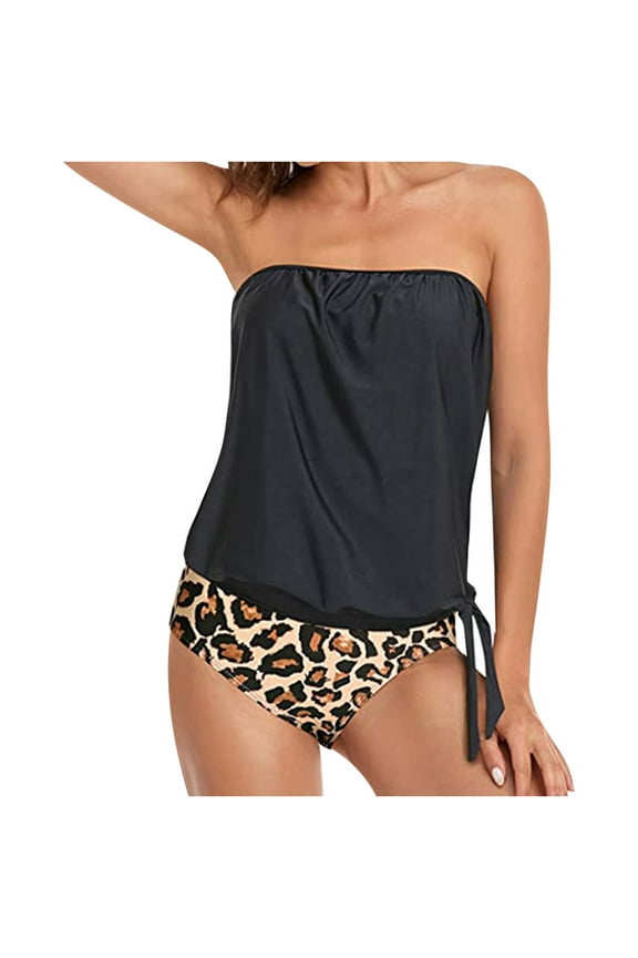 Women's Bandeau Blouson Tankini Top High Waisted Moderate Bottom Two Piece Swimsuits Bathing Suits