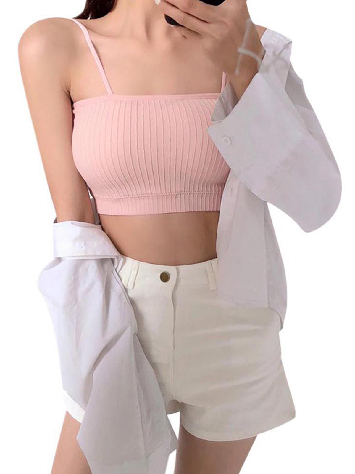 Women's Bandeau Cotton Solid Color Anti Slid Ribbed Knit Strappy Bras  Removable Cup Comfy Seamless Stretch Camisole Tube Crop Top T Shirt Bra  with Chest Pad for Everyday Sleeping Vocation, One Size 