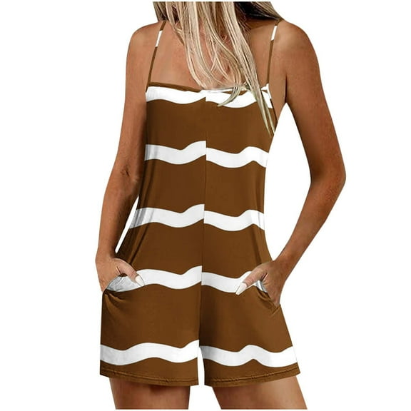 Women's Bandeau Jumpsuit Strapless Playsuits Summer Elegant Womens Beach Holiday Mini Playsuit Ladies Sleeveless Bandeau Romper Overalls Shorts for Women Pockets Rompers Brown L