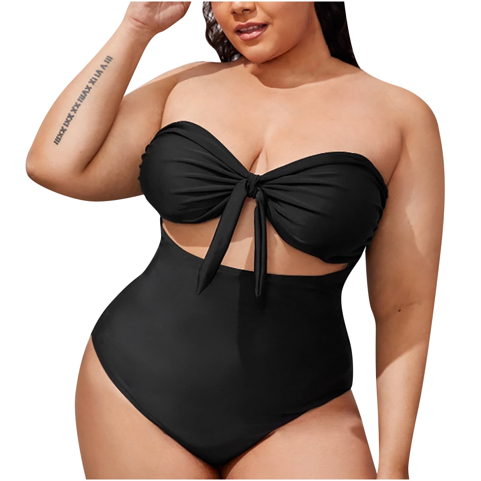 Women's Bandeau One Piece Swimsuit Strapless High Cut Bathing Suit Tie Knot  Front Cutout Swimsuit Solid Color Plus Size Swimwear Monokini