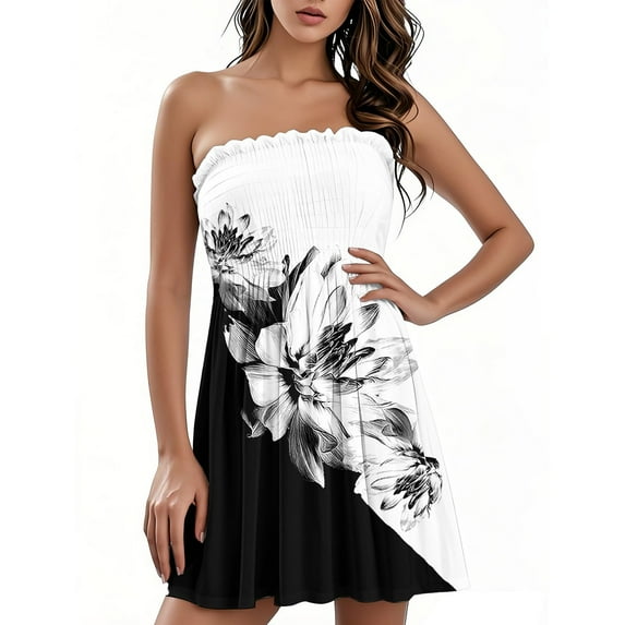 Women's Bandeau Sleeveless Dress Gradient Floral Geometric Print Bodycon Summer Dress with Elastic Waist for Nightclubs,Green S