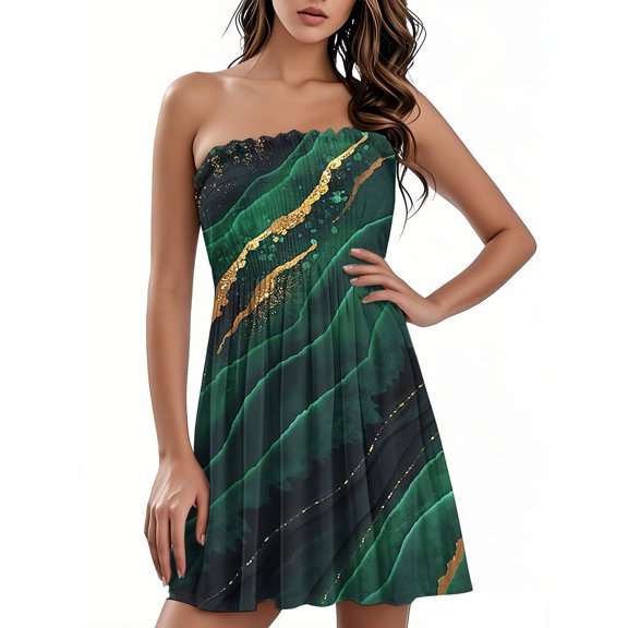 Women's Bandeau Sleeveless Dress Gradient Floral Geometric Print Bodycon Summer Dress with Elastic Waist for Nightclubs,Red S