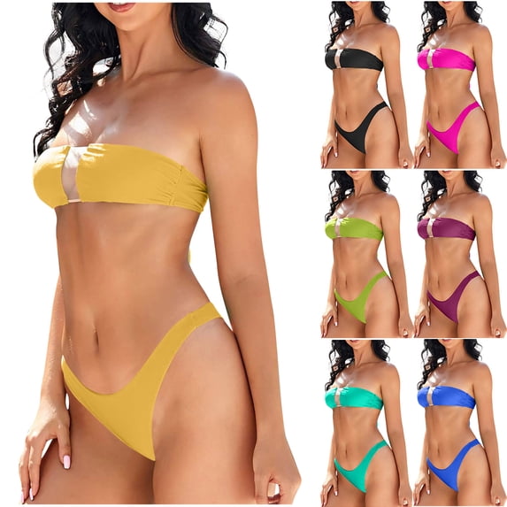 Women's Bandeau Strapless Bikini Swimsuit Set Mesh Patch Two-Piece Bathing Suits Set High Cut Solid Color Beach Pool Party Holiday Vacation Swimwear