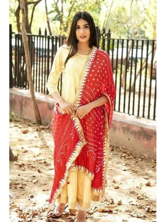 Women’s Bandhani Bandhej Dupatta with Gota Patti Border, Art Silk, 2.25 m, Ethnic Dupatta (Red)