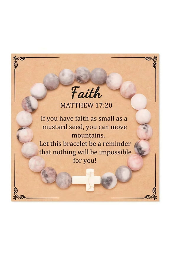 Women's Baptism Bracelet - Cross Natural Stone Beads, First Communion Gift for Mother/Daughter