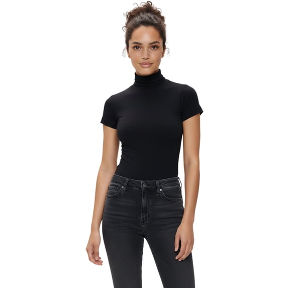 Women’s Bare Essential Seamless Mock Neck Short Sleeve Top Black One Size 1 Piece