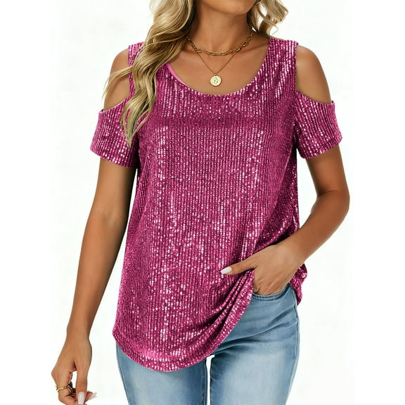 Women's Bare Shoulders Sequin Sparkly Tops, V-Neck Short Sleeve Shirts, Fall Fashion Classic Tops