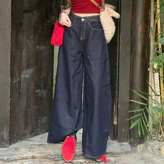 Women's Barrel Jeans Casual High Waisted Stretchy Wide Leg Pants Baggy Denim Pants Blue L