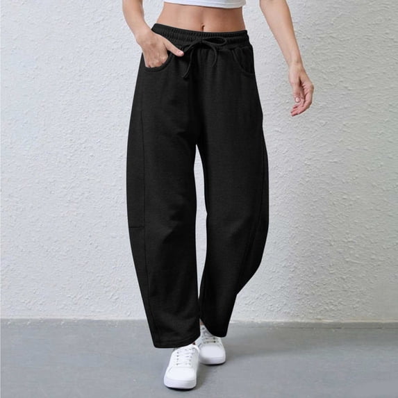 Women's Barrel Leg Sweatpants Women's Solid Color Wide Leg Pants Drawstring Elastic Waisted Casual Joggers Trendy Soft Loose Trousers with Pockets Size S-2XL