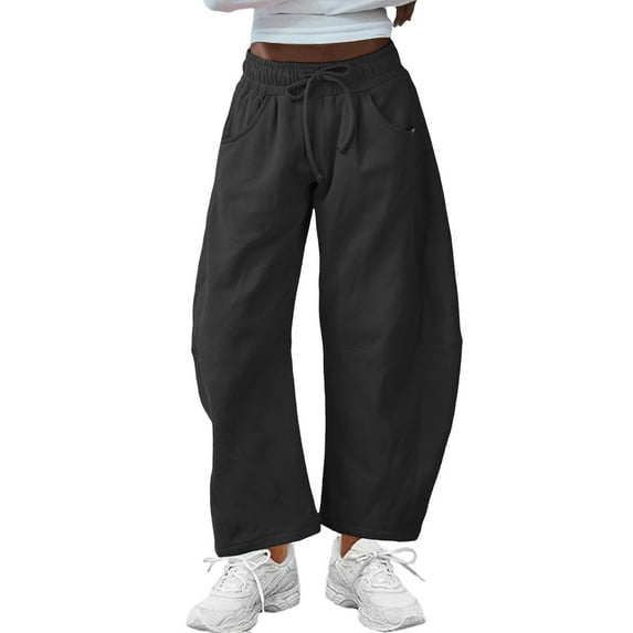 Women's Barrel Leg Sweatpants with Drawstring Elastic Waist Wide Leg Casual Cotton Palazzo Trousers and Pockets for Lounge
