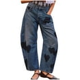 thumbnail image 1 of Women's Barrel Pants Denim Mid Waist Zipper Button Heart Graphic Print Jeans Y2k Casual Baggy Trousers With Pockets (XL, Blue), 1 of 5