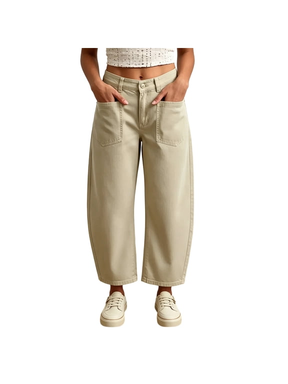 Women's Barrel Pants High Waisted Wide Leg Cropped Trousers Pull On, Lightweight Baggy Pants, Casual Trousers with Pockets, Vintage Crop Pant, Straight Leg Trouser