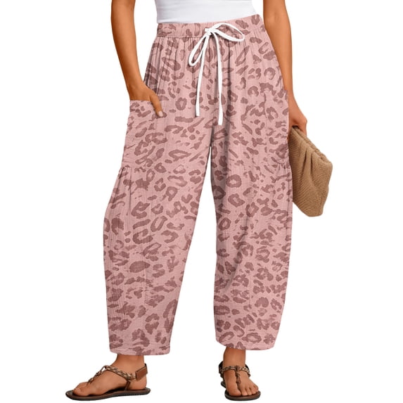 Women‘s Barrel Wide Leg Pants Drawstring Elastic Waist Casual Vacation Beach Palazzo Harem Trousers with Side Pockets 2XL